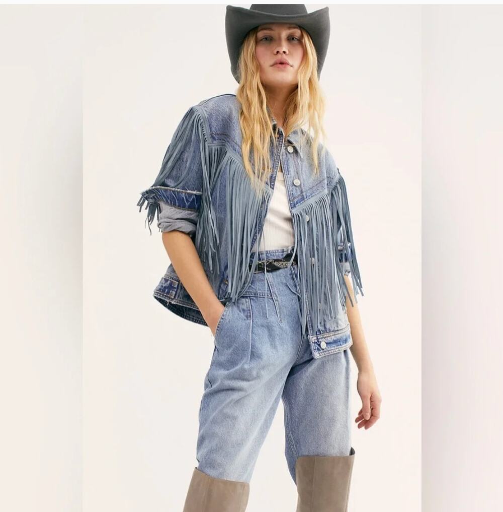 Free People We The Free After Hours Fringe Western Denim Jacket Sz Large